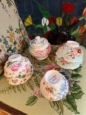 Gorgeous Hand Painted Roses & Flower Porcelain  Tea Wear Set- Small Bowls, Sugar
